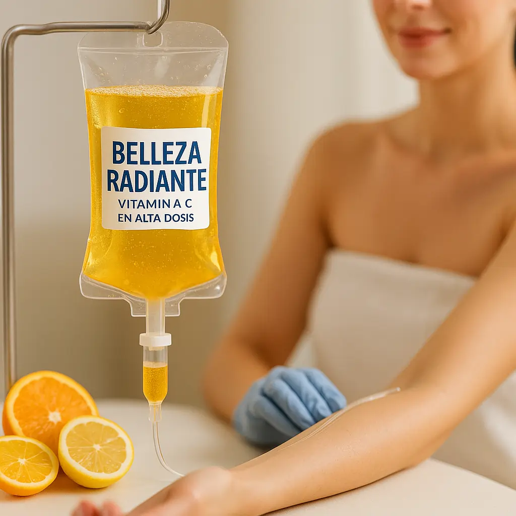 Bolsa de sueroterapia “Belleza Radiante – Vitamina C en Alta Dosis” con líquido dorado y rodajas de naranja, conectada a una paciente recibiendo terapia IV en Suero Salud Total en Girardot.