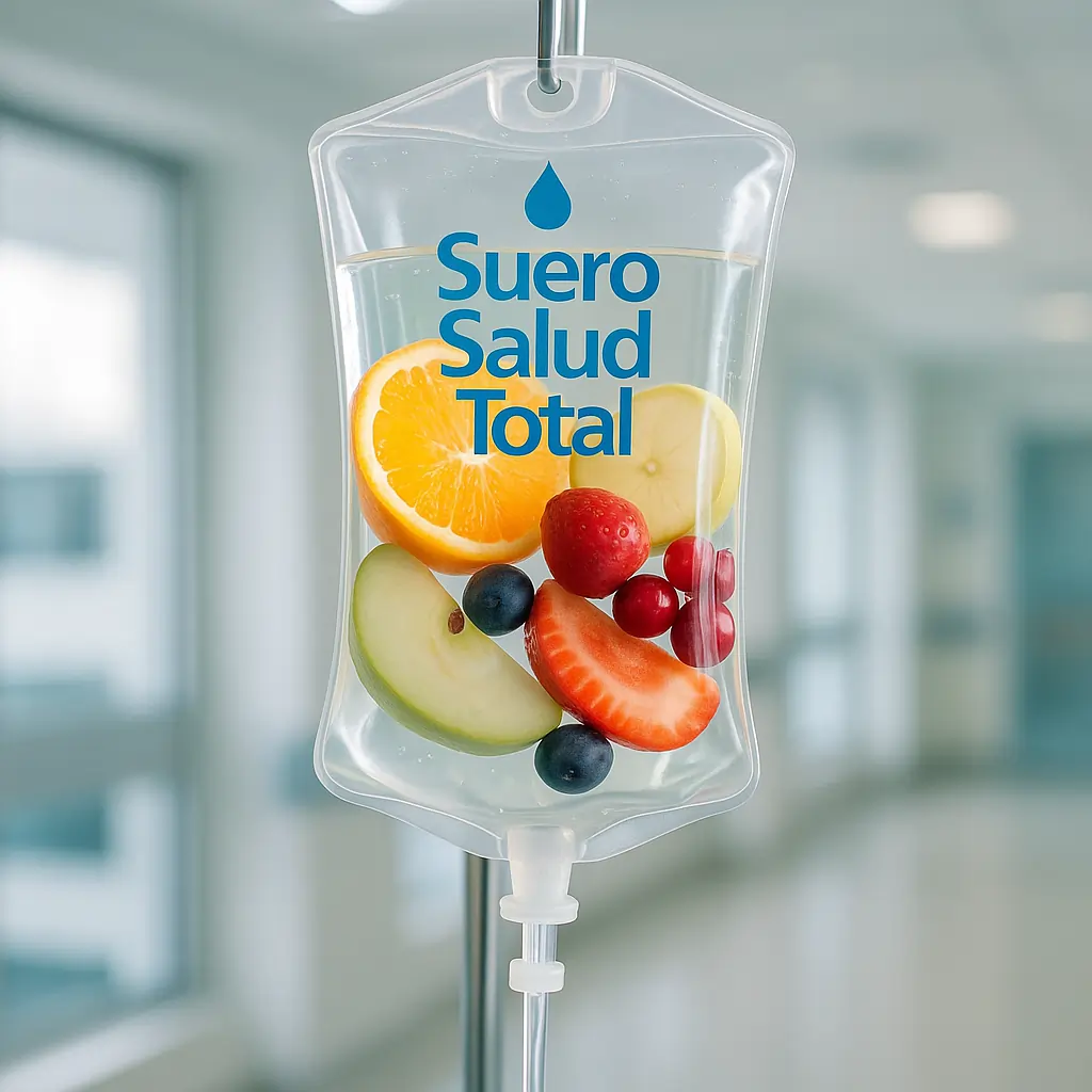 Bolsa de sueroterapia “Belleza Radiante – Vitamina C en Alta Dosis” con líquido dorado y rodajas de naranja, conectada a una paciente recibiendo terapia IV en Suero Salud Total en Girardot.
