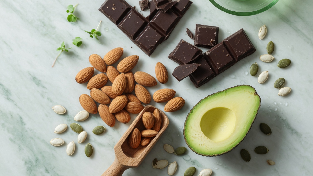 Déficit de magnesio — almendras, aguacate y chocolate