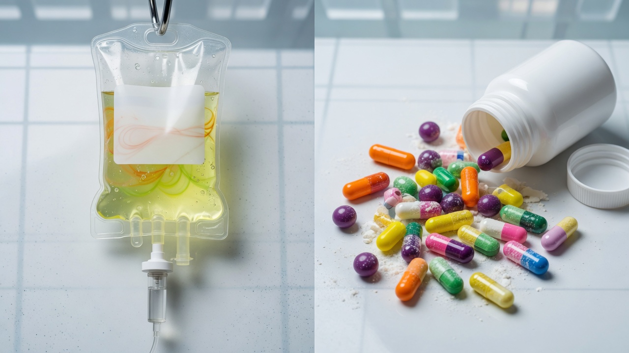 Suero IV vs pastillas de vitaminas — comparación visual